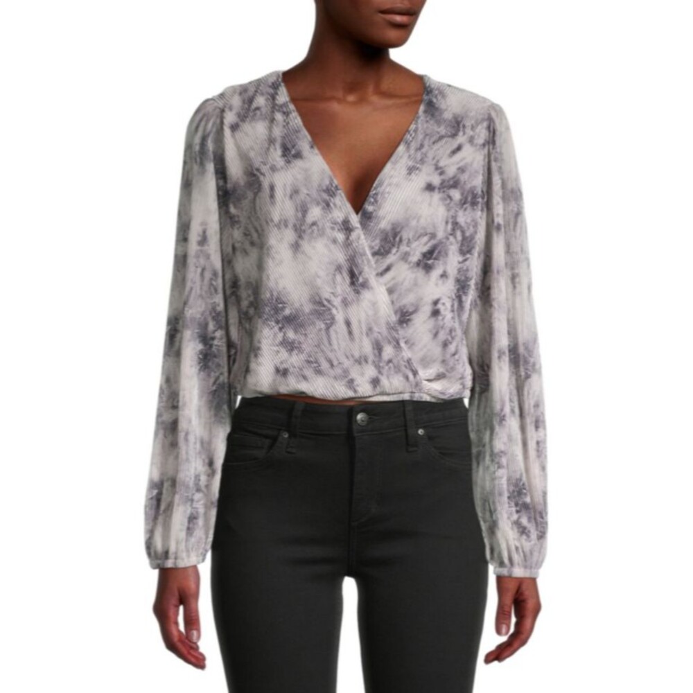 ASTR AT150818 Gray Printed Rib Top Tie Dye Faux Wrap Cropped SIZE MEDIUM